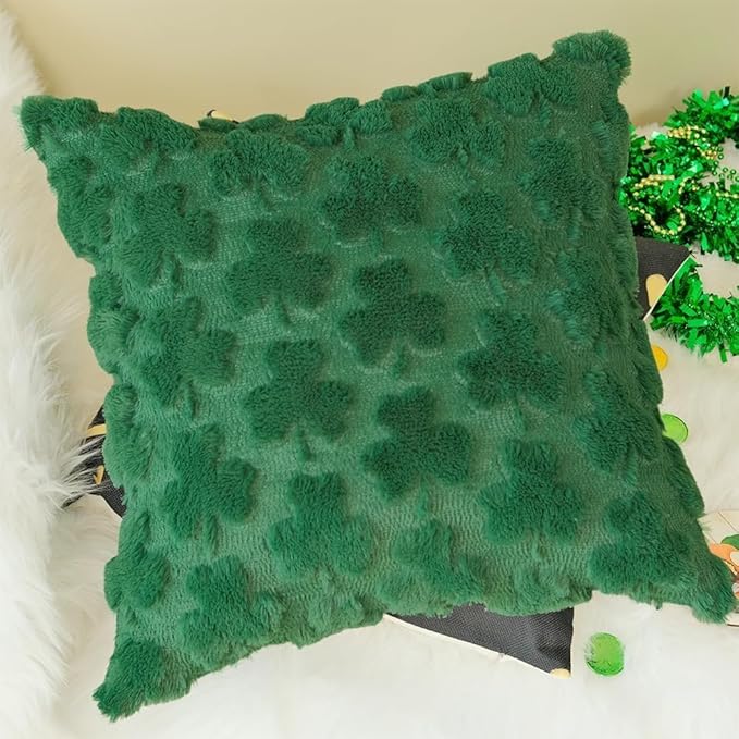 GEEORY St. Patrick's Day Soft Plush Green Shamrock Pillow Covers 18 x 18 Inch Set of 2, Lucky Clover Faux Fur Wool Farmhouse Throw Pillowcases for Home Sofa Couch Cushion Decoration GC012-18