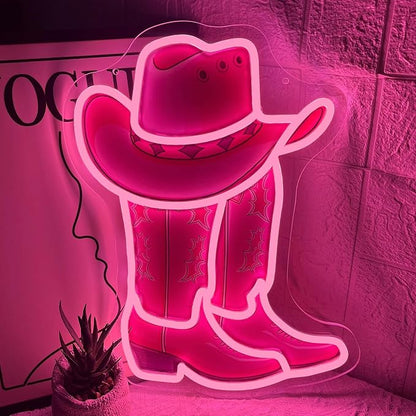 Cowboy Boot Neon Sign Cowboy Hat Neon Light 16.2”x12.3” Pink Cowgirl LED Sign for Wall Decor Dimmable Western Cowgirl Light Up Signs for Bedroom Game Room Presents for Birthday Party Rodeo Enthusiast