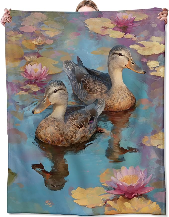 Vintage Duck Floral Blanket,Watercolor Lotus Flower Pond Blankts,Gifts for Women Girls and Nature Lovers, Home Dorm Cabin Picnic and Travel Decor, Soft Cozy Lightweight Flannel Throw,50"x60"