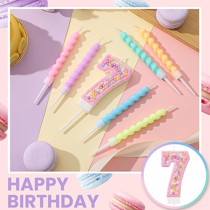 MTLEE Number 7 Birthday Candle with 12 Pcs Spiral Candles for Girls Macaron Pastel Rainbow Unicorn Pink Cake Topper for Sweet Theme Party Decoration