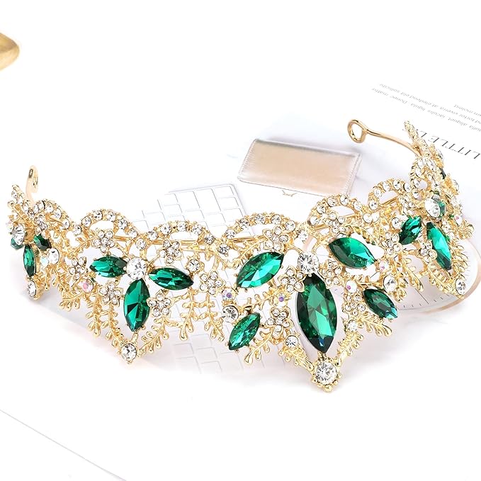 Green Tiara for Women Gold Crown for Girls Wedding Princess Birthday Crystal Rhinestones Headbands for Prom Bridal Party Halloween Costume Christmas Gift