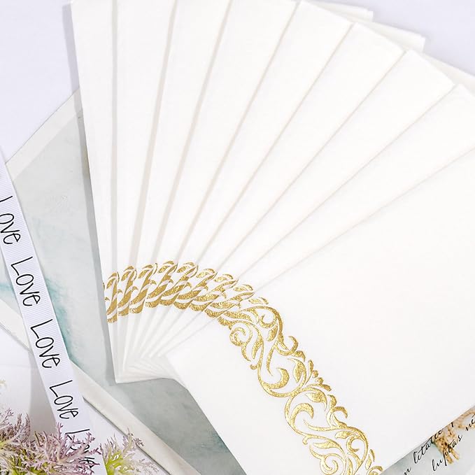 50PCS Gold Napkins Disposable - White and Gold Paper Napkins - Cloth-Like Feel Dinner Paper - Elegant Heavy Duty Hand Towels for Bathroom Thanksgiving Party Bridal Decorative Reception