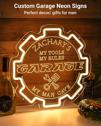 Custom Garage Neon sign for Wall Decor with Timing Remote, Personalized Gear Garage LED Neon Light for Man Cave, Home Bar, Workshop, Son Dad Birthday Gift WARM WHITE