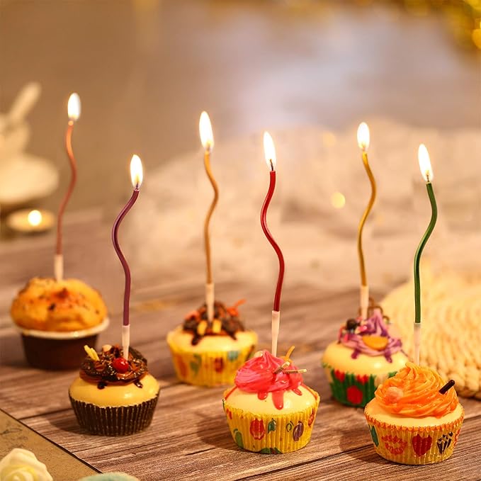 BBTO 12 Pcs Twisted Birthday Candles Spiral Metallic Cupcake Thin Long Cake Candles with Holders for Birthday Wedding Party(Assorted Metallic Colors)