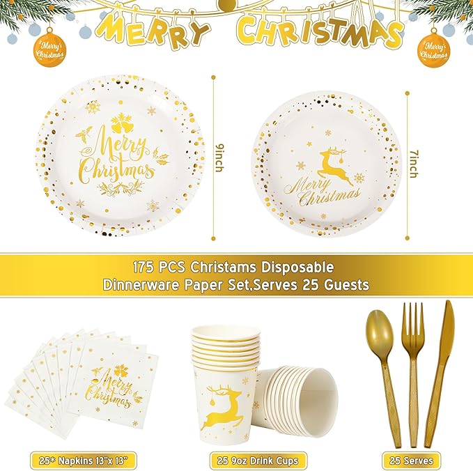 175 Pcs Merry Christmas Party Dinnerware Foil Dots Christmas Paper Plates Set Elk Disposable Xmas Plates Napkins Cups for New Year Wedding Birthday Baby Shower Party Supplies (White Gold)