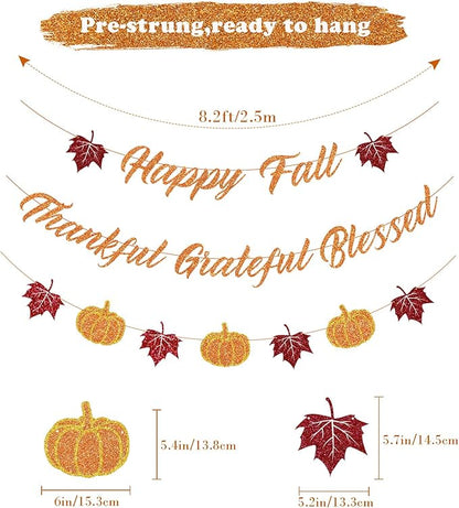 Fall Decorations Home Thanksgiving decor - Happy Fall and Blessed Grateful Thankful Banner with Pumpkin Maple Leaves Sign Garland Banner(Pre-Strung)