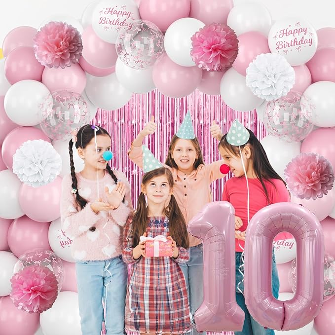 10th Birthday Decorations for Girls Pink Number 10 Balloon Bow Coquette Happy Birthday Banner Fringe Curtain Paper Pom Poms Star Heart Foil Pink White Balloons 10 Year Old Party Decor