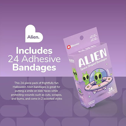 BioSwiss Kids Bandages, Halloween Alien Shaped Self Adhesive Bandage Set, Latex Free, Sterile Wound Care, 24 Count