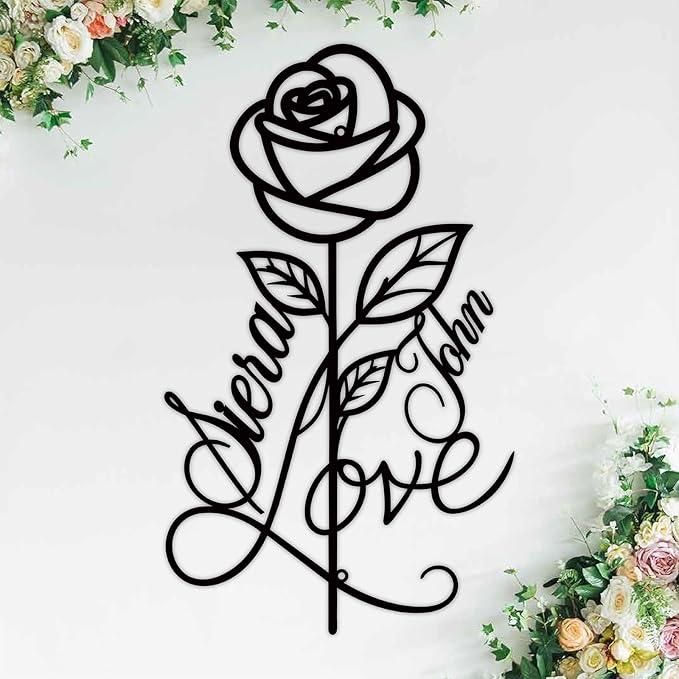 Personalized Metal Rose Sign,Wedding Decoration Sign,Metal Rose Wall Decor With Couples Name,Romantic Gifts for Anniversaries, Valentine's Day