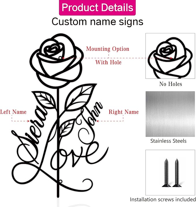 Personalized Metal Rose Sign,Wedding Decoration Sign,Metal Rose Wall Decor With Couples Name,Romantic Gifts for Anniversaries, Valentine's Day
