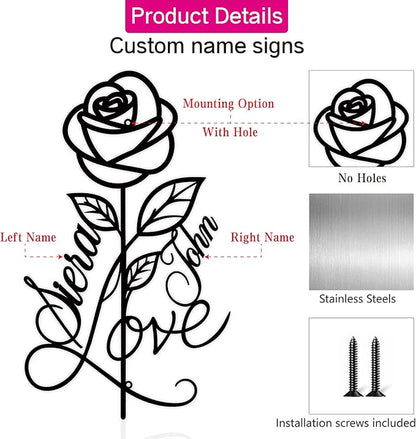 Personalized Metal Rose Sign,Wedding Decoration Sign,Metal Rose Wall Decor With Couples Name,Romantic Gifts for Anniversaries, Valentine's Day