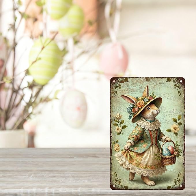 Vintage Easter Bunny Metal Sign Easter Eggs Rustic Farmhouse Wall Art For Indoor Outdoor Home Garden Decor 8x12Inch