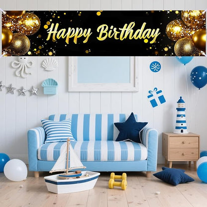 Nuxovilar Happy Birthday Banner Decorations 17.72x78.74 Inch Black Gold Balloon Theme - Polyester for Indoor Outdoor Birthday Party Decor