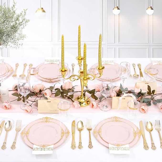 YOUBET 700PCS Pink Plastic Plates - Pink and Gold Plates - Luxury Pinks Plastic Dinnerware Set Include 200 Pinks Disposable Plates, 300 Heavy Duty Silverware, 100 Cups, 100 Napkins for Wedding & Party