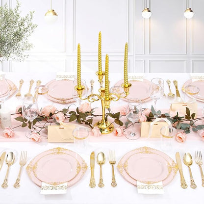 YOUBET 700PCS Pink Plastic Plates - Pink and Gold Plates - Luxury Pinks Plastic Dinnerware Set Include 200 Pinks Disposable Plates, 300 Heavy Duty Silverware, 100 Cups, 100 Napkins for Wedding & Party
