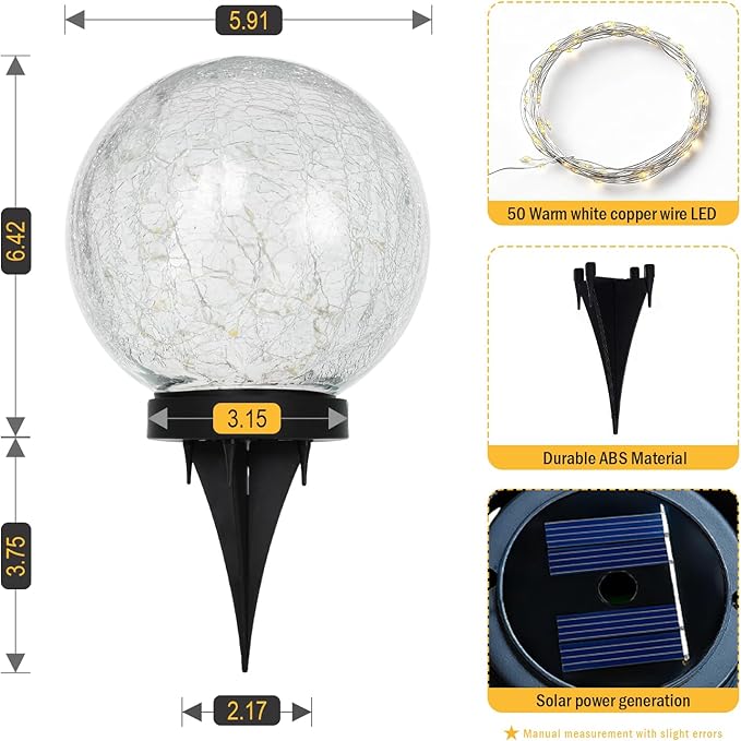 HOTEAGLE Solar Globe Lights Outdoor Waterproof-Large 2-Pack Solar Balls Garden-Cracked Glass Ball Solar Lights Outdoor-Solar Orbs Outside Decor Garden Patio & Lawn Backyard Decor