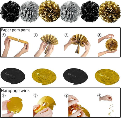 New Years Eve Party Supplies 2026 Happy New Year Decorations Kit - Black Gold Happy New Year Banner, Backdrop, 2026 Balloons, Pom Poms and Hanging Swirls for Kids Adults Party Decor