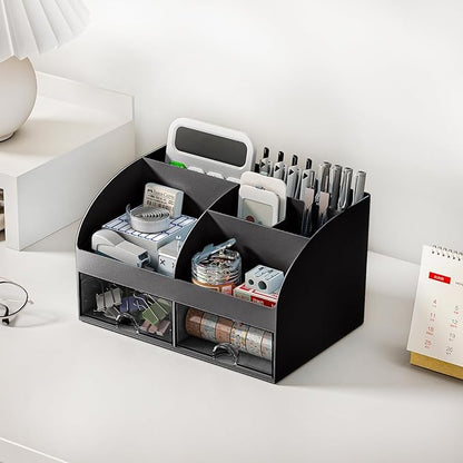 Desk Organizer with 6 Compartments and 2 Drawers, Plastic Makeup Organizer, Pen Holder for Desktop Storage, Desk Organization for School, Home, Office Supplies (Black)