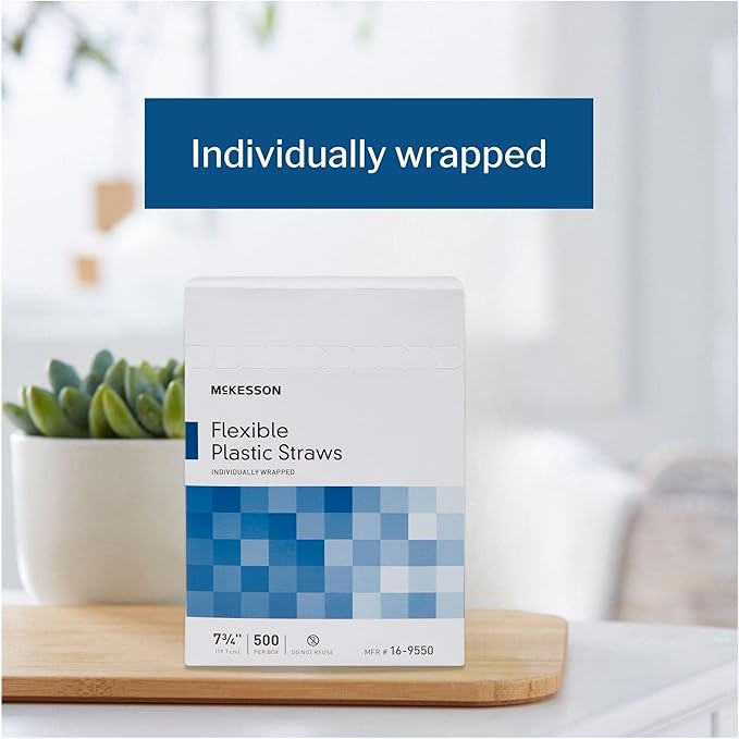 McKesson Flexible Plastic Straws, Individually Wrapped, 7 3/4 in, 500 Count
