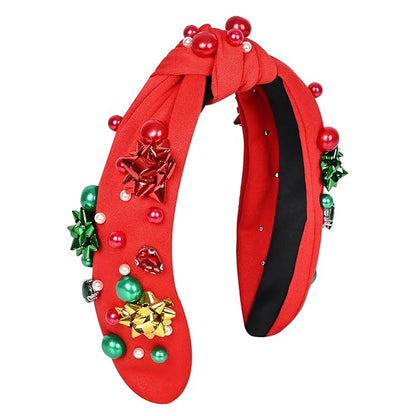 Christmas Headband for Women & Bride with Flower, Pearl & Crystal - Knotted Hairband, Top Knot Headpiece for Ugly Christmas Sweater, Holiday Party Costume, Dresses & Tops, Festive Gift (Red