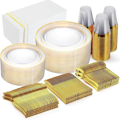 GATHER 350PCS Clear Gold Plastic Plates - Disposable Gold Dinnerware Sets Includes 100 Gold Rim Plastic Plates, 150 Silverware, 50 Napkins, 50 Cups for Party, Wedding & Christmas