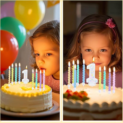 Number Birthday Candle with 12PCS Spiral Candles and A Birthday Card - Perfect for Celebrating Birthdays (Macaron Glitter, Number 1)