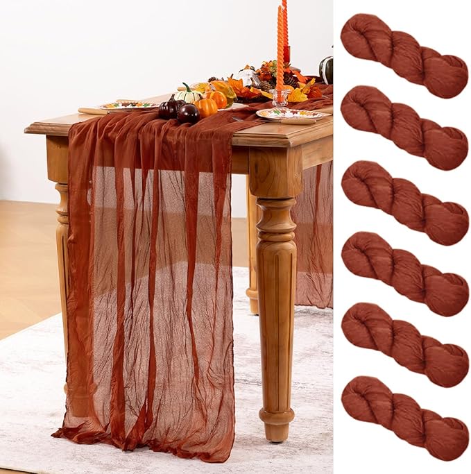 Terracotta Cheesecloth Table Runner Burnt Orange 6 Pack Christmas Table Runners 120 Inches Rust Cheese Cloth Table Decor for Xmas Holiday Season Parties Wedding Bridal Baby Shower Party