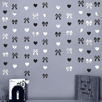 Bow Decorations Siver Black Metallic Glitter Paper Bow Heart Hanging Garland Streamer for Coquette Birthday Valentines Bachelorette Wedding Bridal Shower Anniversary Hen Party Decorations Supplies