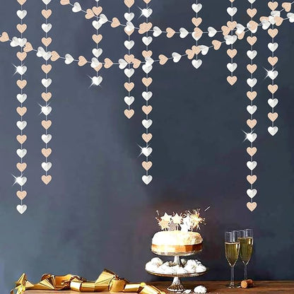 Champagne-Silver Disco Boho Party-Decoration Heart Garland - 52ft Glitter Birthday New Years Eve Hanging Backdrop Streamers,Engagement Wedding Bachelorette Banner Decor Lasting Surprise