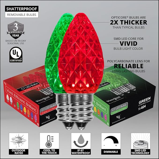 Wintergreen Lighting Set of 100 Red and Green C7 OptiCore Outdoor Christmas Lights - Commercial LED Bulbs for Holiday Displays with SPT1 18 Gauge Green Wire (100 ft)