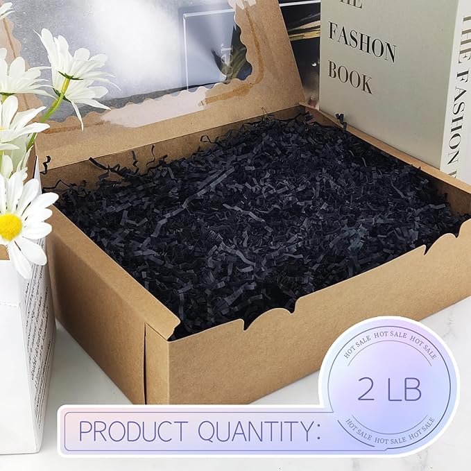 Lechay Crinkle Cut Paper Shred Filler, Box Filler Shredded Paper for Baskets Stuffing for Mother's Day Graduation Birthday Halloween (black)