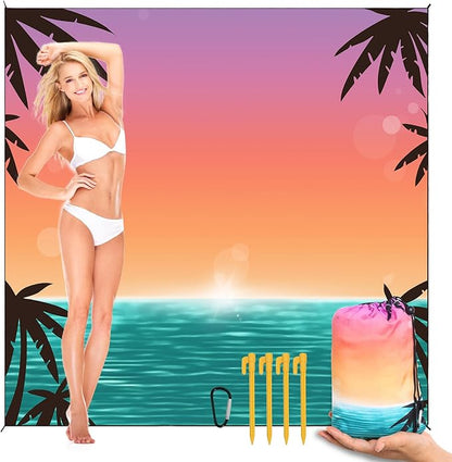 Beach Blanket Waterproof Sandrproof Large Beach Mat 79" X 83" for 2-4 Adults Quick Drying Outdoor Picnic Mat 4 Stakes & 4 Corner Pockets for Travel Picnic Camping Hiking （Gradient Sky&Sea）