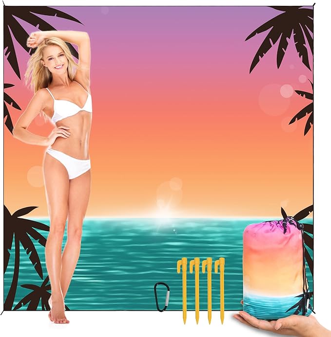 Beach Blanket Waterproof Sandrproof Large Beach Mat 79" X 118" for 2-8 Adults Quick Drying Outdoor Picnic Mat 4 Stakes & 4 Corner Pockets for Travel Picnic Camping Hiking （Gradient Sky&Sea）
