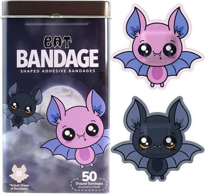 BioSwiss Kids Bandages, Halloween Bat Shaped Self Adhesive Bandage Set, Latex Free, Sterile Wound Care, 50 Count
