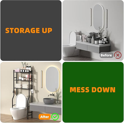3-Tier Over Toilet Storage with Anti-Tilt Safety System - 150lb Total Capacity Metal Bathroom Shelves Including Paper Holder & 4 Hooks, Space Saving Above Commode Organizer (64" H, Black)