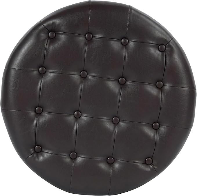 Homepop Home Decor | Button Tufted Faux Leather Round Storage Ottoman | Ottoman with Storage for Living Room & Bedroom (Distressed Brown)