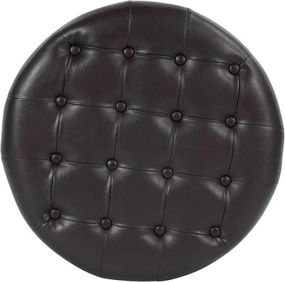 Homepop Home Decor | Button Tufted Faux Leather Round Storage Ottoman | Ottoman with Storage for Living Room & Bedroom (Distressed Brown)