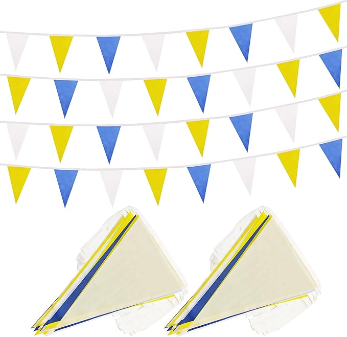 100 Ft White Yellow Dark Blue Pennant Banner Flag, 60 Pcs String Hanging DIY Bunting Flags for Party, School, Birthday, Wedding, Carnival, Celebrations, Outdoor and Indoor Decorations (White Yellow Dark Blue)