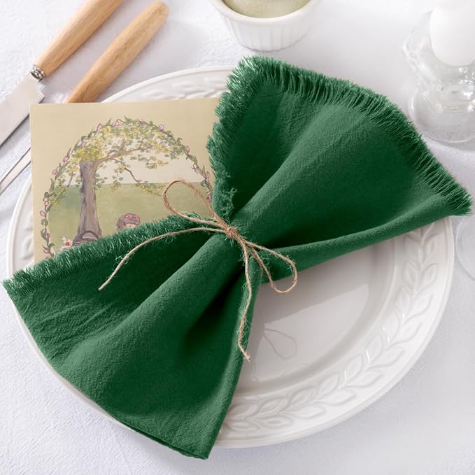 12 Pack Dark Green Cotton Linen Napkins with Fringe Christmas Green Cloth Napkins Set of 12 Boho Handmade Holiday Napkins Bulk for Wedding Baby Shower Christmas, 17 x 17 Inches