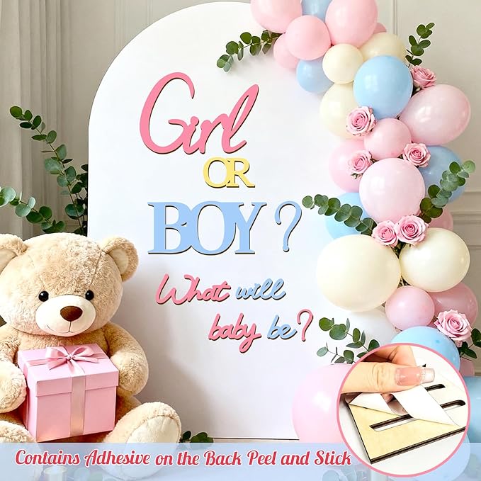 Large Wooden Boy or Girl Signs Gender Reveal Party Decoration Ideas Decals for Balloon Arch Oh Baby Shower Letters Sign He or She What Will Baby Be Stickers for Backdrop Pregnancy Banner Photo Props