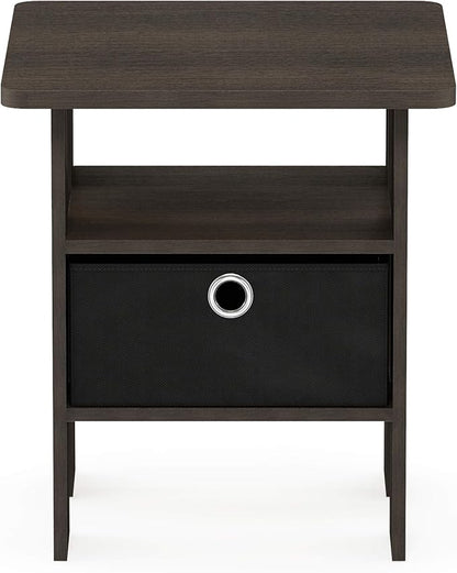 Furinno ANDREY Side Table, End Table, Night Stand with Open Shelves and Storage Bin, Bedside Table, for Living Room, Bedroom, Dark Brown