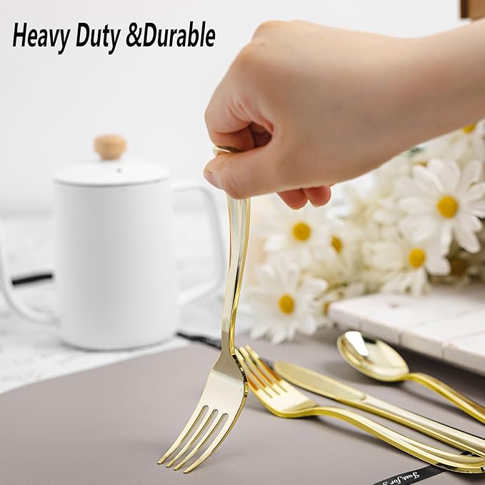 160pcs Gold Plastic Silverware Set, include 80 Forks, 40 Knives and 40 Spoons, Disposable Heavy Duty Plastic Cutlery Set for Party, Wedding, Birthday, Catering, Dinner
