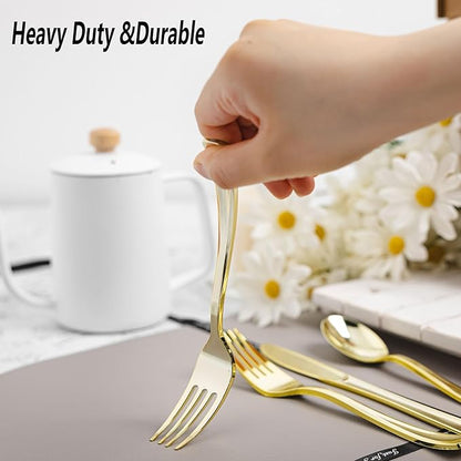 160pcs Gold Plastic Silverware Set, include 80 Forks, 40 Knives and 40 Spoons, Disposable Heavy Duty Plastic Cutlery Set for Party, Wedding, Birthday, Catering, Dinner