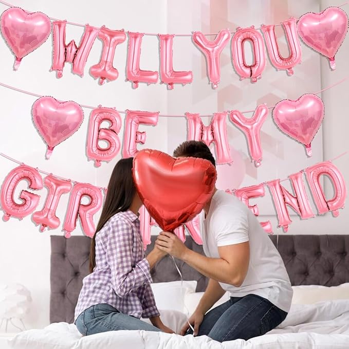 Will You Be My Girlfriend Balloons-16 Inch Pink Foil Letters Balloon 18 inch Heart Balloon Valentines Day Balloons for Wedding Engagements Proposals party Decorations