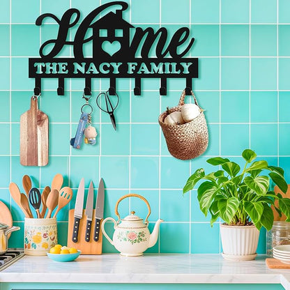 Personalized Key Holder for Wall, Metal Key Holder Wall Mount, Sweet Home Coat Rack for Living Room Bedroom Entryway, Mounted Key Hanger with Hooks, Housewarming Gift (05-Home)