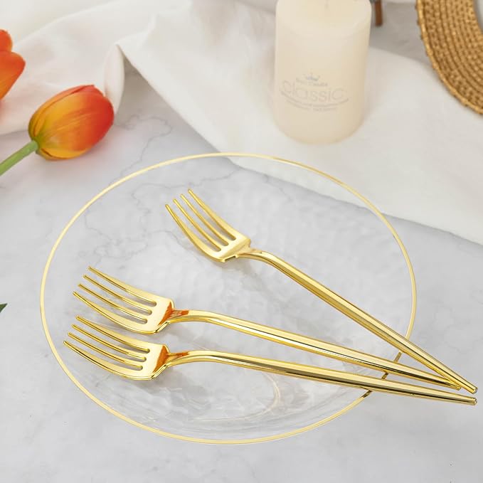 100 PCS Gold Plastic Forks, Heavy Duty Disposable Gold Forks, Gold Silverware Plastic Utensils for Party, Birthday, Wedding