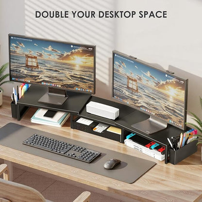 OPNICE Desk Organizers and Accessories, Dual Monitor Stand Riser with Drawer and 2 Pen Holders, Desk Shelf Metal Computer Racks for Office Workspace Organizers, Desktop Organization (Black Metal)