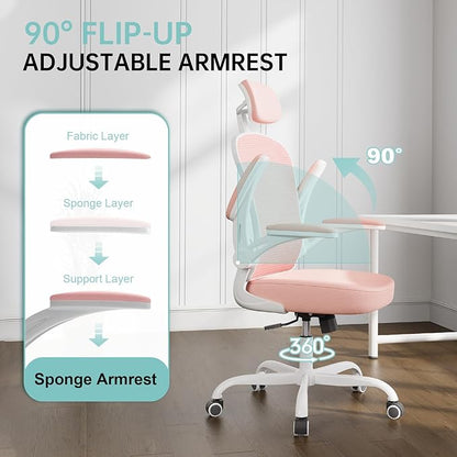 Synorla Office Chair Ergonomic Desk Chair, 330LBS Capacity, High Back Computer Design for Long Hours Comfort, Rolling Swivel Executive Task for Home Office with Flip-up Armrests（White Pink）