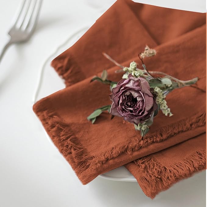 Handmade Cloth Napkins 100% Cotton Napkins with Fringe，Delicate Handmade Cloth Napkins for Dinners, Parties, Weddings and More，18 x 18 Inch Set of 6 - Terracotta