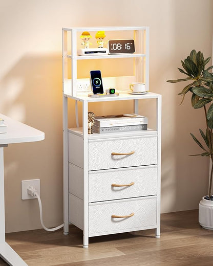 Furnulem Night Stand, White Bedside Nightstand with 4-Tier Shelves and 3 Fabric Drawers, LED Bed Side Tables with Charging Station, Tall Dresser for Bedroom, Hallway, Office